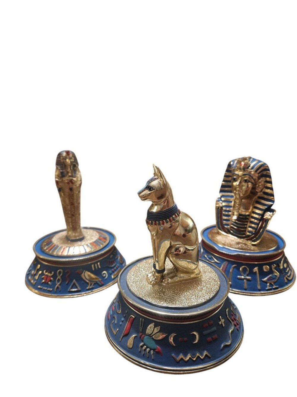 Egyptian-Themed Hand-Painted Figurine Set Featuring Pharaoh Bast Cat & Sarcophag